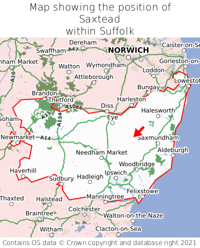 Map showing location of Saxtead within Suffolk
