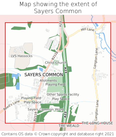 Map showing extent of Sayers Common as bounding box