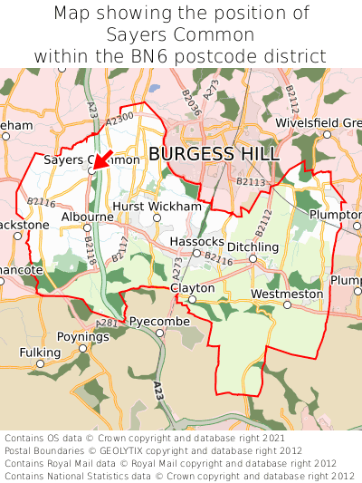 Map showing location of Sayers Common within BN6
