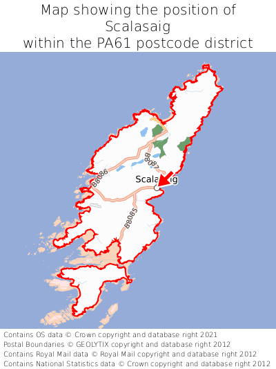 Map showing location of Scalasaig within PA61