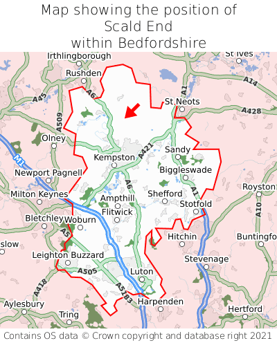Map showing location of Scald End within Bedfordshire
