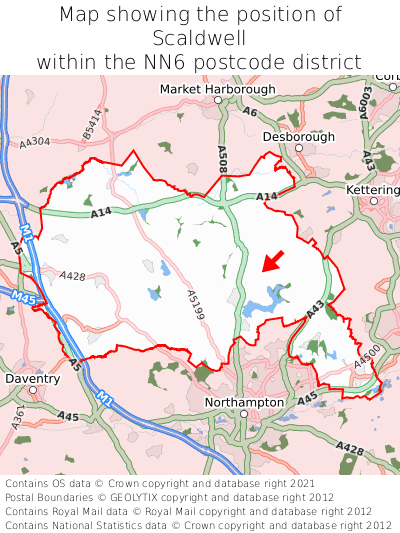 Map showing location of Scaldwell within NN6