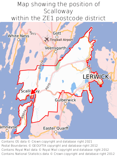 Map showing location of Scalloway within ZE1