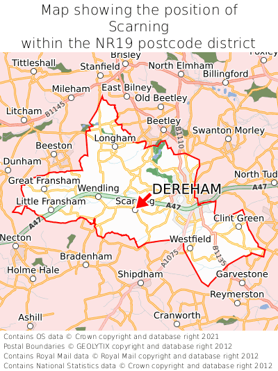 Map showing location of Scarning within NR19