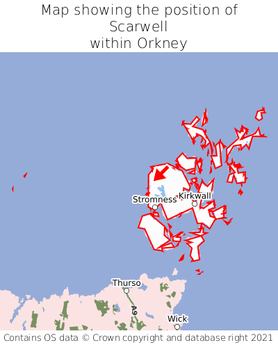 Map showing location of Scarwell within Orkney