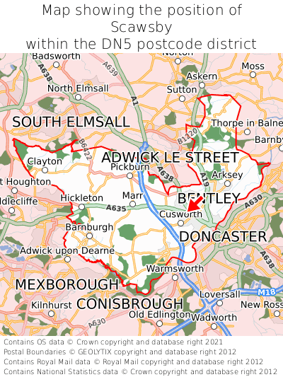 Map showing location of Scawsby within DN5