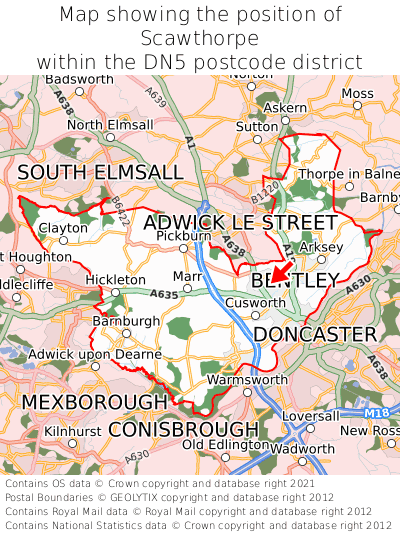 Map showing location of Scawthorpe within DN5