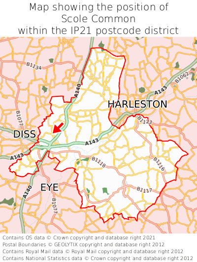 Map showing location of Scole Common within IP21