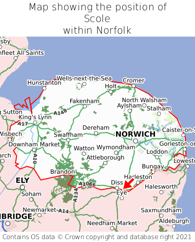 Map showing location of Scole within Norfolk