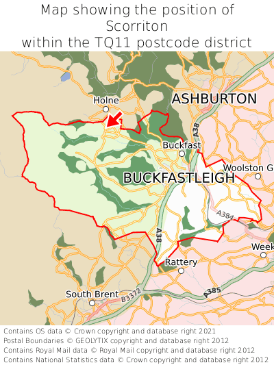 Map showing location of Scorriton within TQ11