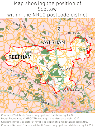Map showing location of Scottow within NR10
