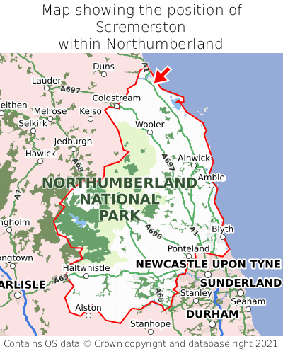 Map showing location of Scremerston within Northumberland