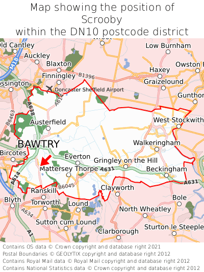 Map showing location of Scrooby within DN10