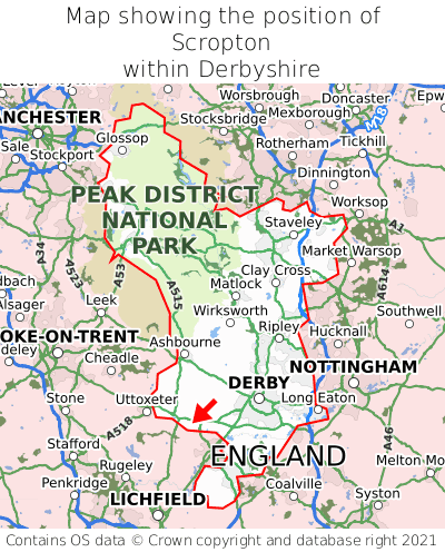 Map showing location of Scropton within Derbyshire