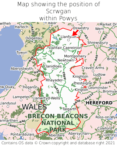 Map showing location of Scrwgan within Powys