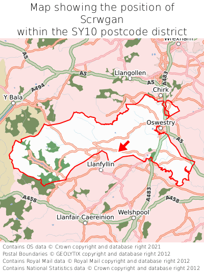 Map showing location of Scrwgan within SY10