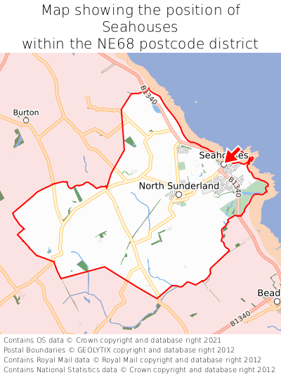 Map showing location of Seahouses within NE68