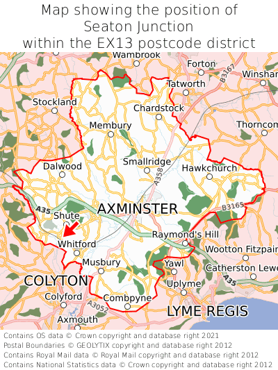 Map showing location of Seaton Junction within EX13