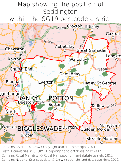 Map showing location of Seddington within SG19