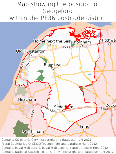 Map showing location of Sedgeford within PE36