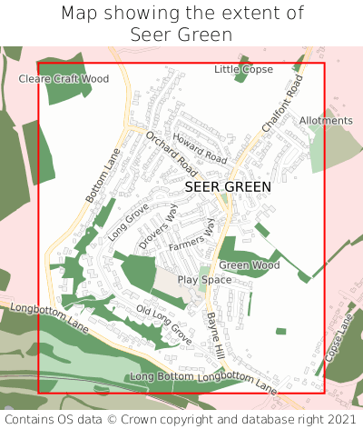Map showing extent of Seer Green as bounding box