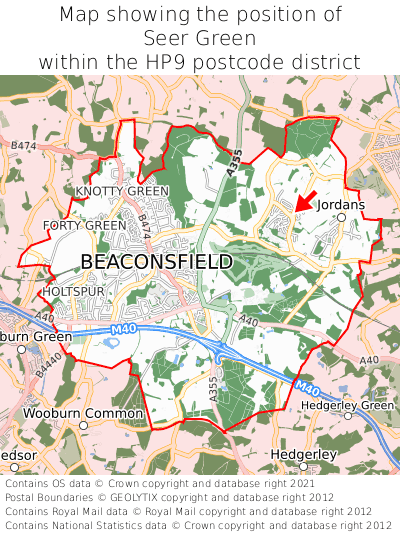 Map showing location of Seer Green within HP9