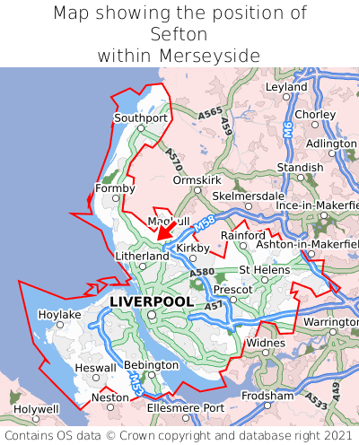 Map showing location of Sefton within Merseyside