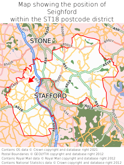 Map showing location of Seighford within ST18