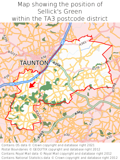 Map showing location of Sellick's Green within TA3