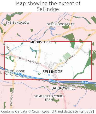 Map showing extent of Sellindge as bounding box