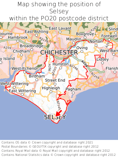 Map showing location of Selsey within PO20