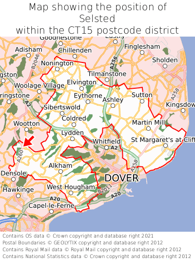 Map showing location of Selsted within CT15