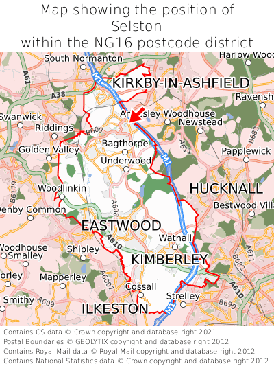 Map showing location of Selston within NG16