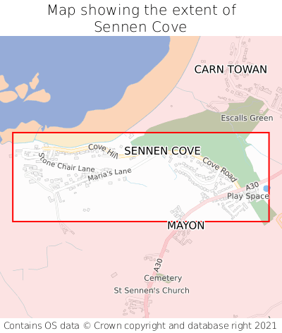 Map showing extent of Sennen Cove as bounding box