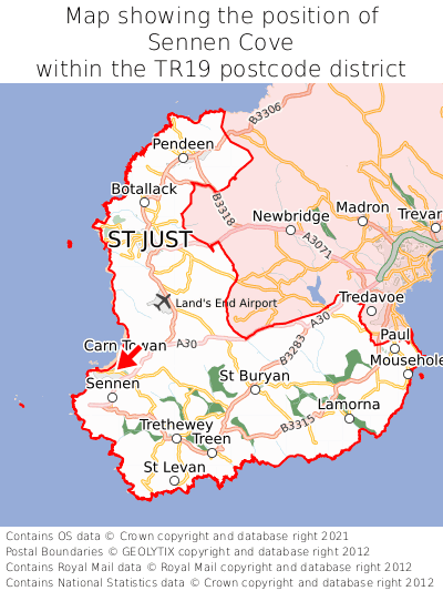 Map showing location of Sennen Cove within TR19