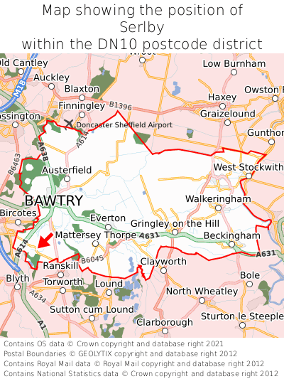 Map showing location of Serlby within DN10
