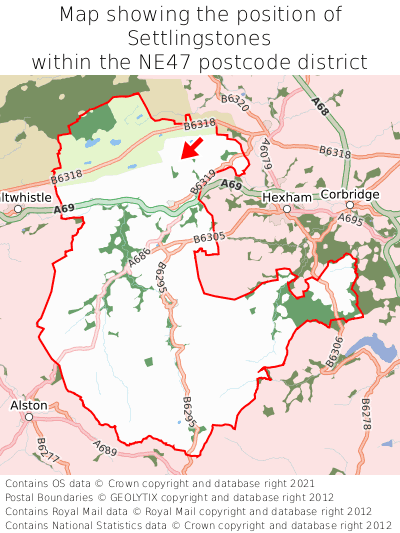 Map showing location of Settlingstones within NE47