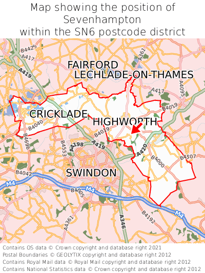 Map showing location of Sevenhampton within SN6