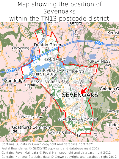 Map showing location of Sevenoaks within TN13