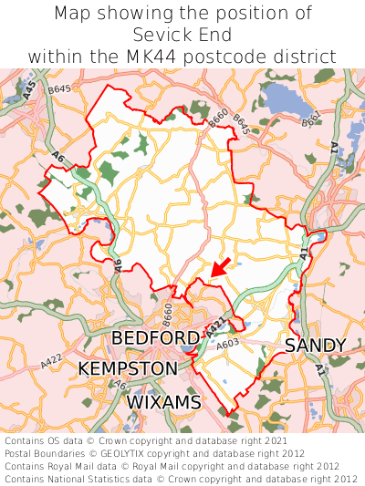 Map showing location of Sevick End within MK44
