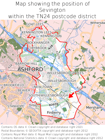 Map showing location of Sevington within TN24