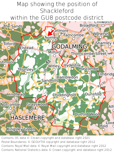 Map showing location of Shackleford within GU8