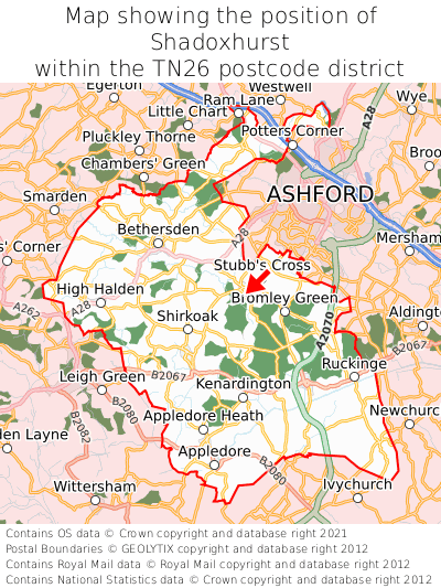 Map showing location of Shadoxhurst within TN26