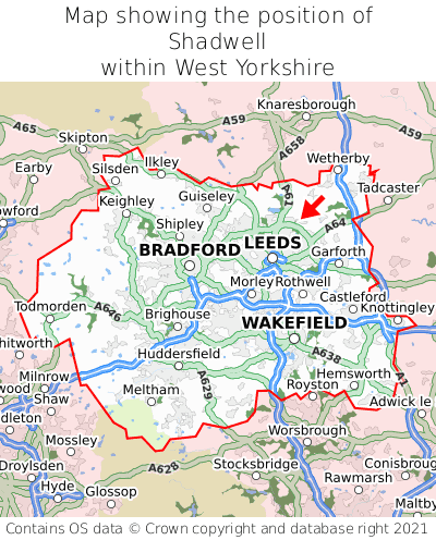 Map showing location of Shadwell within West Yorkshire