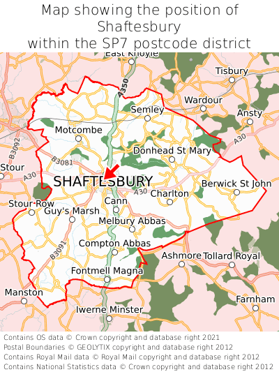 Map showing location of Shaftesbury within SP7