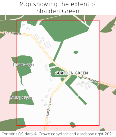 Map showing extent of Shalden Green as bounding box
