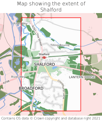 Map showing extent of Shalford as bounding box