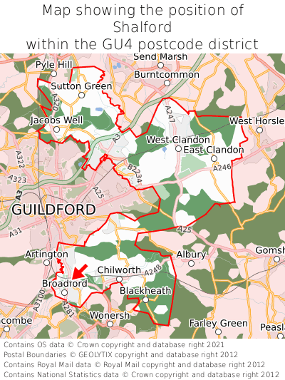 Map showing location of Shalford within GU4