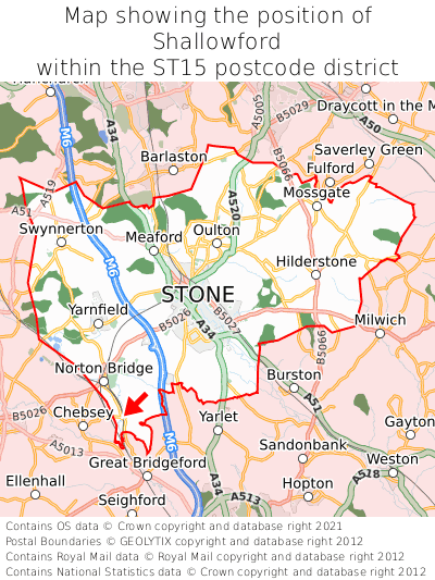 Map showing location of Shallowford within ST15