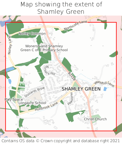 Map showing extent of Shamley Green as bounding box